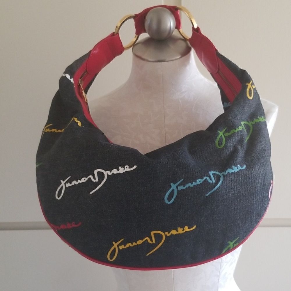 Junior Drake denim/red leather hobo bag, nwot